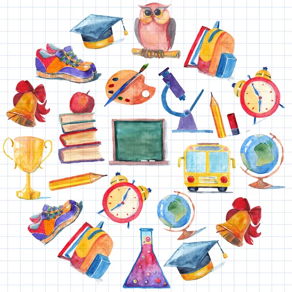 Back to school Watercolor hand drawn set with education elements