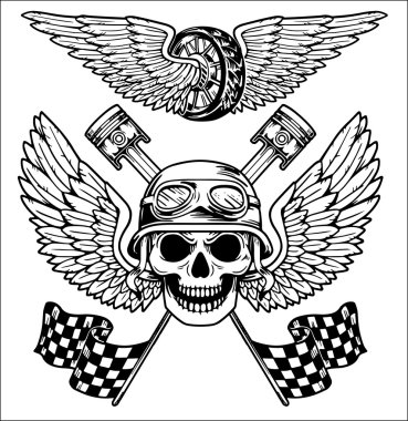 Vektör motorcu elle çizilmiş öğeleri onarım garaj motosiklet motosiklet binici özgürlük ayarla