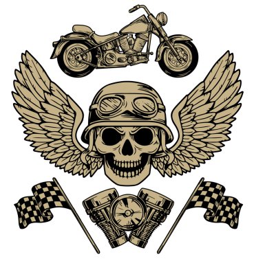 Vektör motorcu elle çizilmiş öğeleri onarım garaj motosiklet motosiklet binici özgürlük ayarla