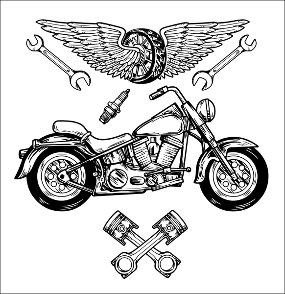 Vector biker set Hand drawn elements Repair Garage Motorcycle Biker Rider Freedom — Stock Vector