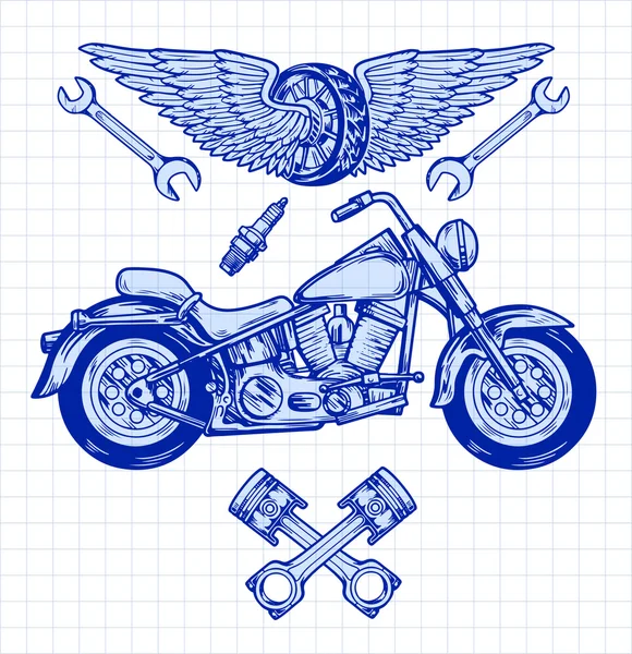 Ensemble de motards vectoriels Éléments dessinés à la main Garage de réparation Motocycliste Cavalier Liberté — Image vectorielle