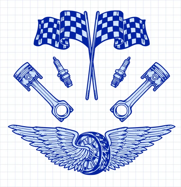 Vector biker set Hand getrokken elementen reparatie Garage motorfiets Biker Rider vrijheid — Stockvector