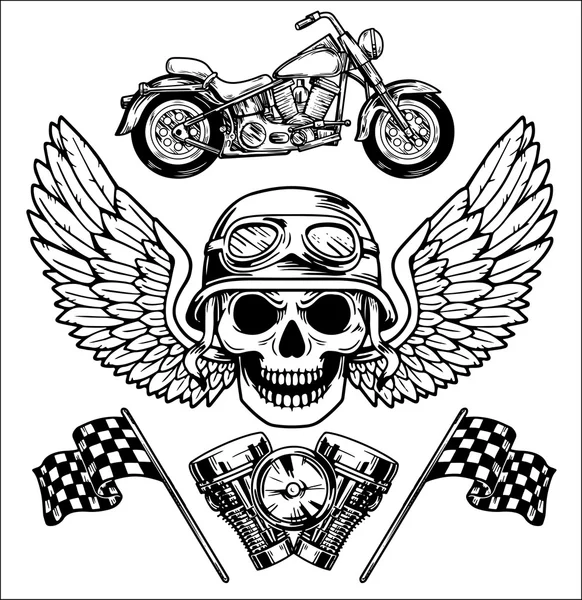 Set biker vettoriale Elementi disegnati a mano Riparazione Garage Moto Motociclista Rider Libertà — Vettoriale Stock