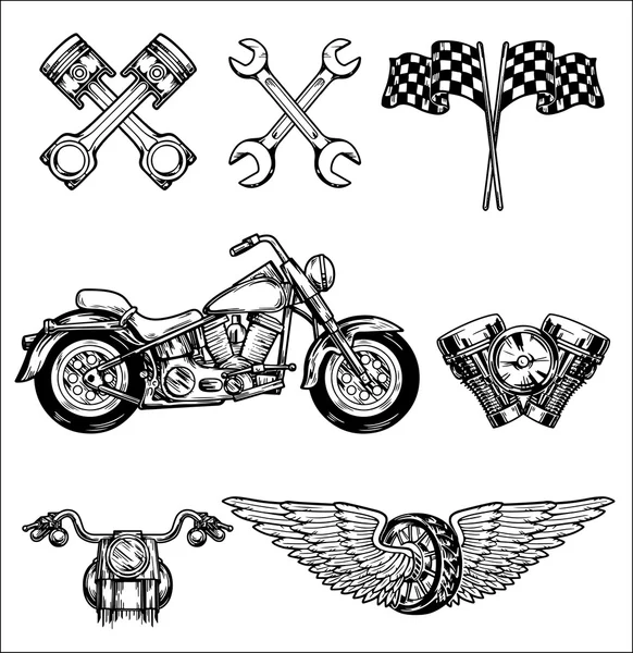 Ensemble de motards vectoriels Éléments dessinés à la main Garage de réparation Motocycliste Cavalier Liberté — Image vectorielle