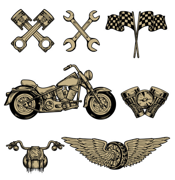 Vector biker set Hand drawn elements Repair Garage Motorcycle Biker Rider Freedom