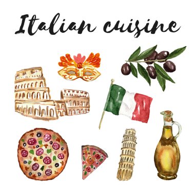 İtalyan mutfağı el çekilmiş suluboya ayarla kültür, gıda, zeytinyağı