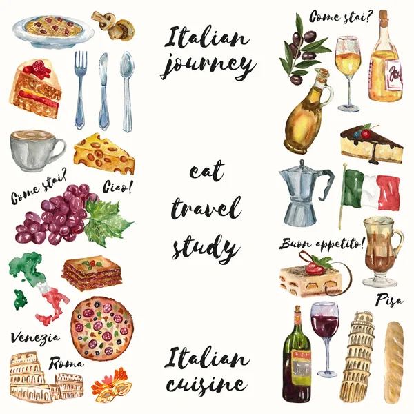 Viagem italiana Cozinha, alimentos, cultura, idioma Olá Como você está Bom dia Conjunto de aquarela desenhado à mão — Fotografia de Stock