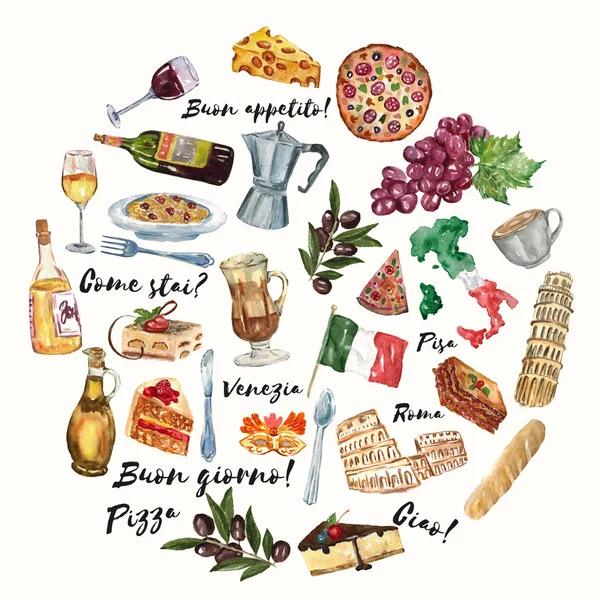 Italiaanse reis keuken, voedsel, cultuur, taal Hello How are u Goedemorgen Hand getrokken aquarel ingesteld — Stockfoto
