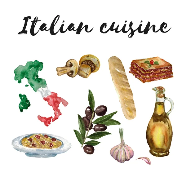 Итальянская кухня Набор акварелей Культура, еда, оливковое масло — стоковое фото