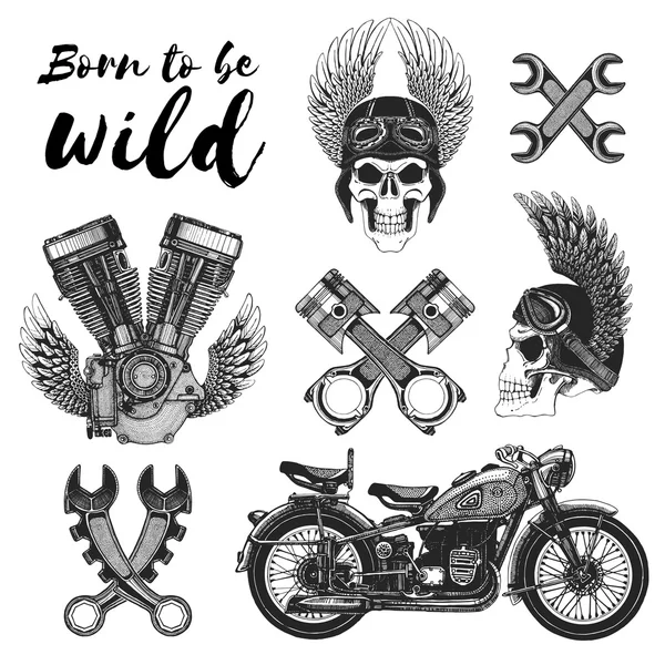 Hand drawn vector set of motorcycle icons — Stock Vector