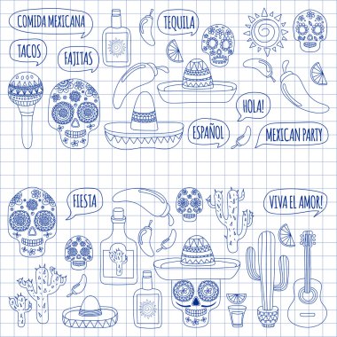 Mexicon doodle simgeler Merhaba vektör kümesi. Seviyorum. Nasılsın. Gıda. İçecekler.