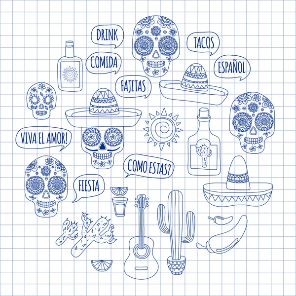 Conjunto vetorial de ícones doodle Mexicon Olá. Com amor. Como estás? Comida. Bebidas . — Vetor de Stock