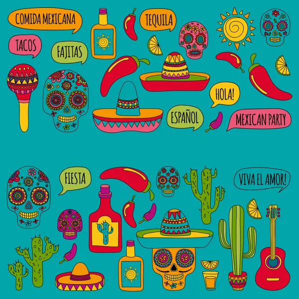 Icônes vectorielles doodle partie mexicaine Bonjour Comment êtes-vous boissons alimentaires — Image vectorielle