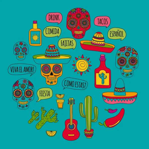Ícones de doodle vetorial festa mexicana Olá Como você está Bebidas Alimentares — Vetor de Stock