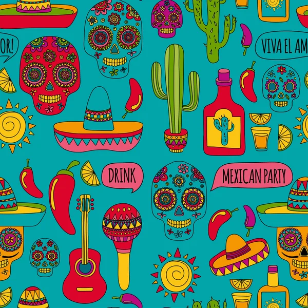 Vector doodle icons Mexican party Hello How are you Food Drinks — Stock Vector