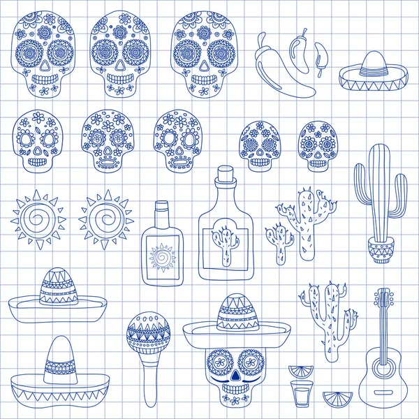 Set vektor ikon doodle Mexicon Hello. Cinta. Bagaimana kabarmu? Makanan. Minuman. . - Stok Vektor