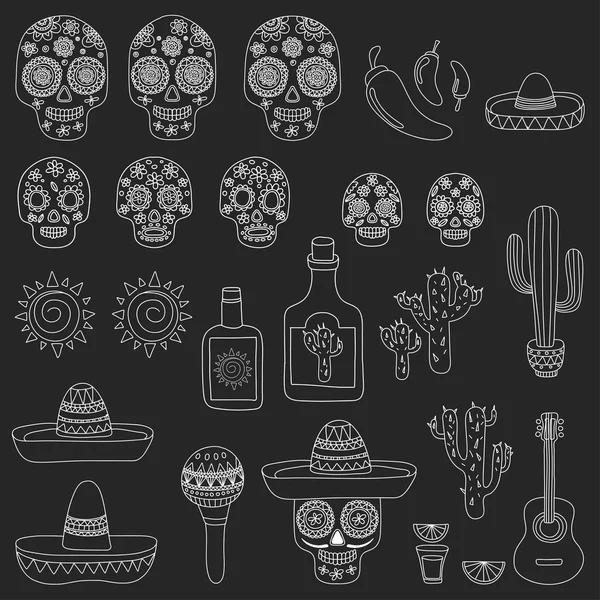 Jour des morts Mexique vecteur set doodle icônes partie mexicaine — Image vectorielle