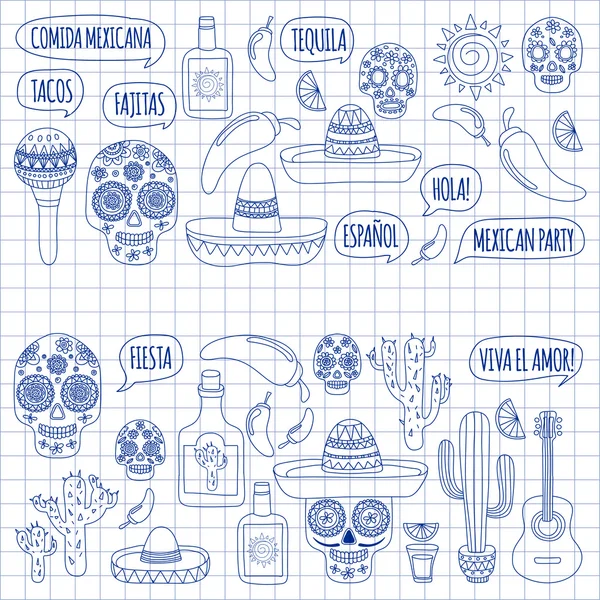 Wektor zestaw ikon doodle Mexicon Hello. Miłość. Jak się miewasz. Żywności. Napoje. — Wektor stockowy
