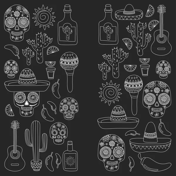 Hari kematian Meksiko Vektor set doodle ikon pesta Meksiko - Stok Vektor