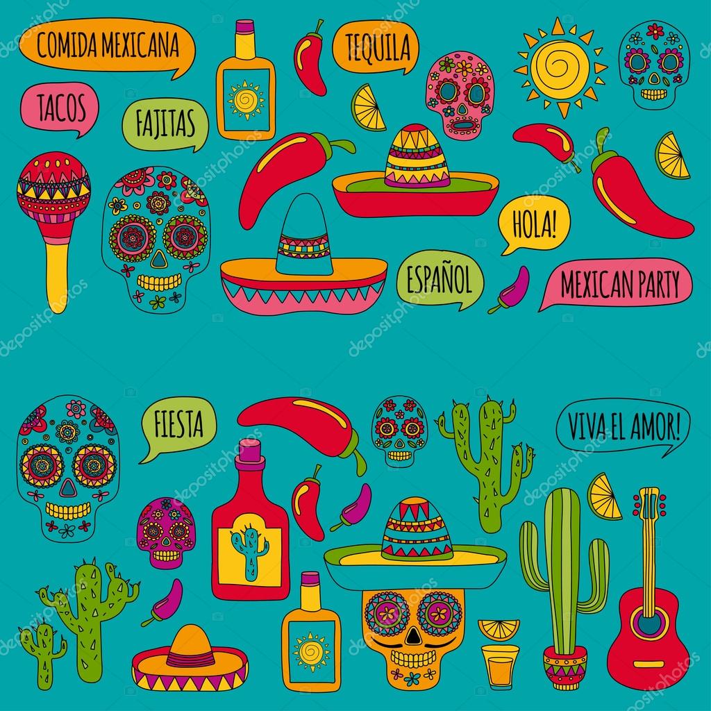 Mexican party Vector hand drawn images Nature, culture, food and drinks