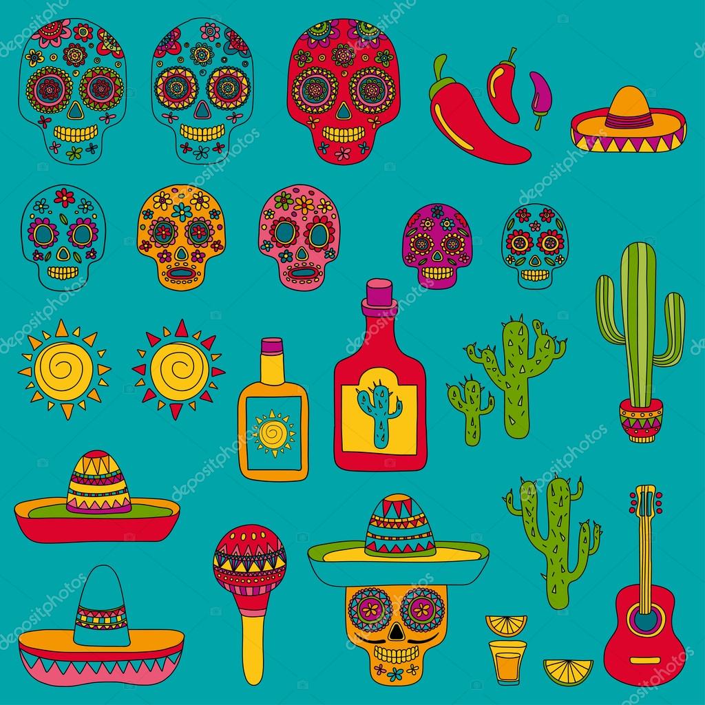 Mexican party Vector hand drawn images Nature, culture, food and drinks
