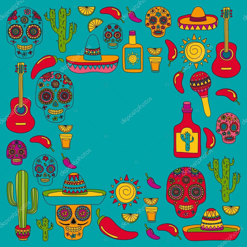 Mexican party Vector hand drawn images Nature, culture, food and drinks