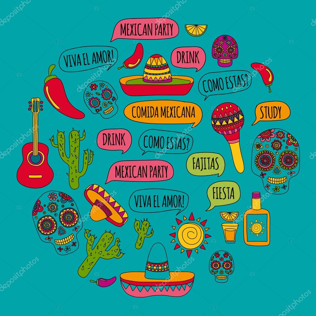 Mexican party Vector hand drawn images Nature, culture, food and drinks