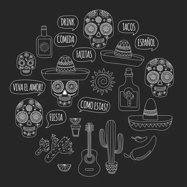 Giorno dei morti Messico Vector set doodle icone festa messicana — Vettoriale Stock