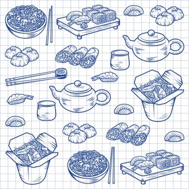 Asya ve Çin mutfağının simgeler vektör çizilmiş öğeleri el ile ayarla