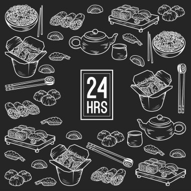 Asya ve Çin mutfağının simgeler vektör çizilmiş öğeleri el ile ayarla