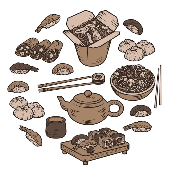 Set con iconos de cocina asiática y china Vector elementos dibujados a mano — Vector de stock