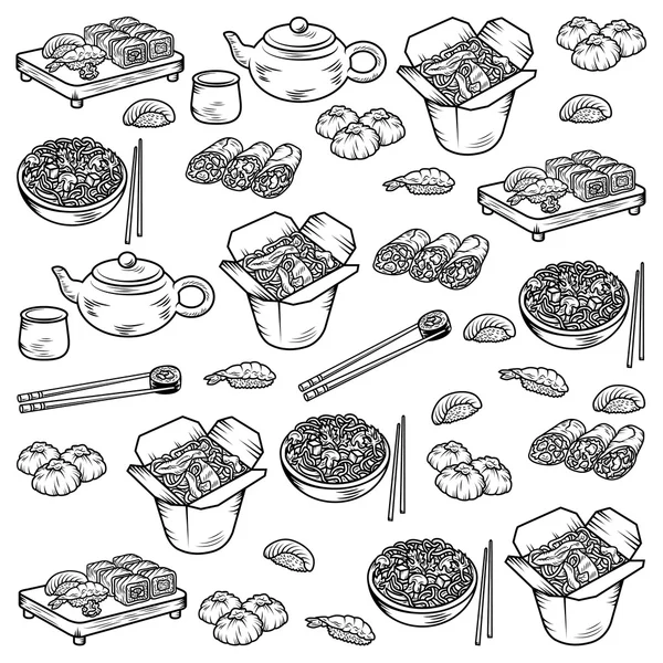 Set with Asian and Chinese cuisine icons Vector hand drawn elements — Stock Vector