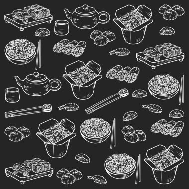 Asya ve Çin mutfağının simgeler vektör çizilmiş öğeleri el ile ayarla