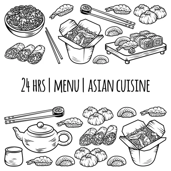 Set con icone della cucina asiatica e cinese Elementi disegnati a mano vettoriale — Vettoriale Stock