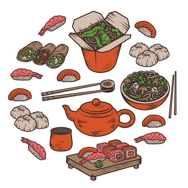 Set con iconos de cocina asiática y china Vector elementos dibujados a mano — Vector de stock