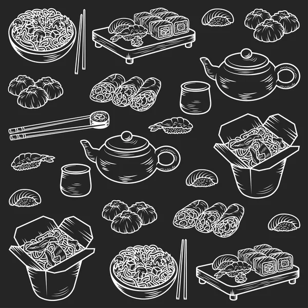 Set con iconos de cocina asiática y china Vector elementos dibujados a mano — Archivo Imágenes Vectoriales