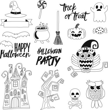 Vektör doodle için Cadılar Bayramı partisi doğrusal simgeler kümesi