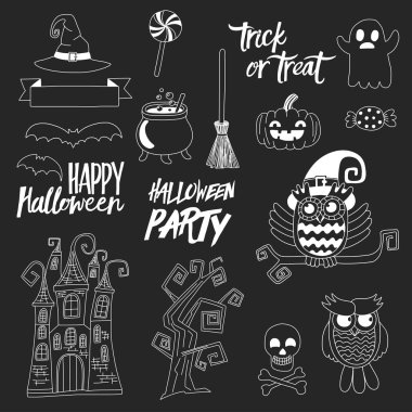 Vektör doodle için Cadılar Bayramı partisi doğrusal simgeler kümesi