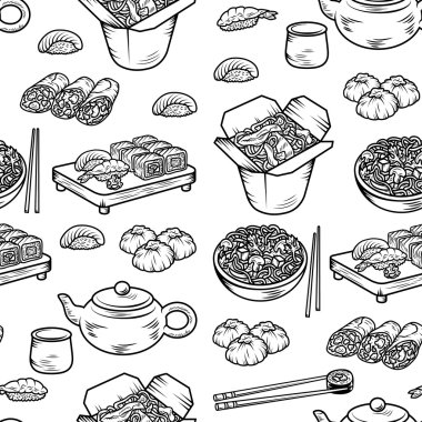 Asya ve Çin mutfağının simgeler vektör çizilmiş öğeleri el ile ayarla