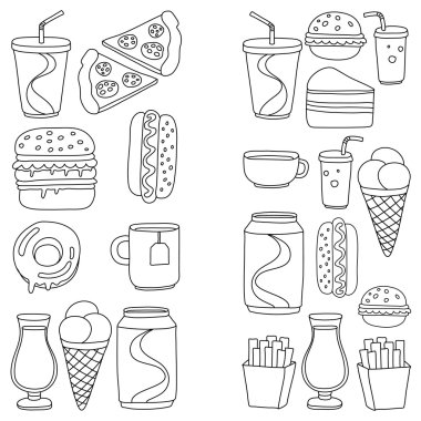 Çizilmiş vektör doodle simgeler için hızlı yemek menüsü, el Restoran