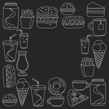 Çizilmiş vektör doodle simgeler için hızlı yemek menüsü, el Restoran