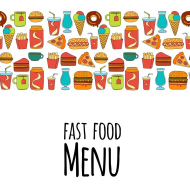 Çizilmiş vektör doodle simgeler için hızlı yemek menüsü, el Restoran