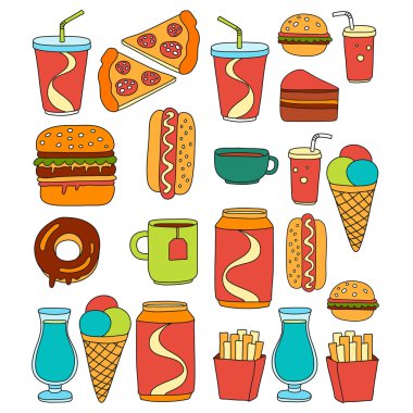 Çizilmiş vektör doodle simgeler için hızlı yemek menüsü, el Restoran