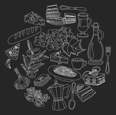 Vektör doodle set İtalyan menüsü için. Gıda seyahat mutfağı Restaraunt yolculuk