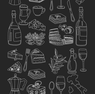 Vektör doodle set İtalyan menüsü için. Gıda seyahat mutfağı Restaraunt yolculuk
