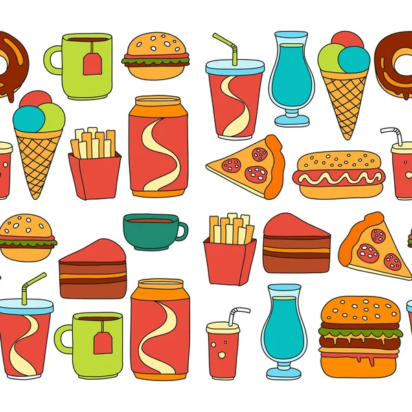 Ícones de doodle vetorial desenhado à mão para menu de fast food, restaraunt — Vetor de Stock