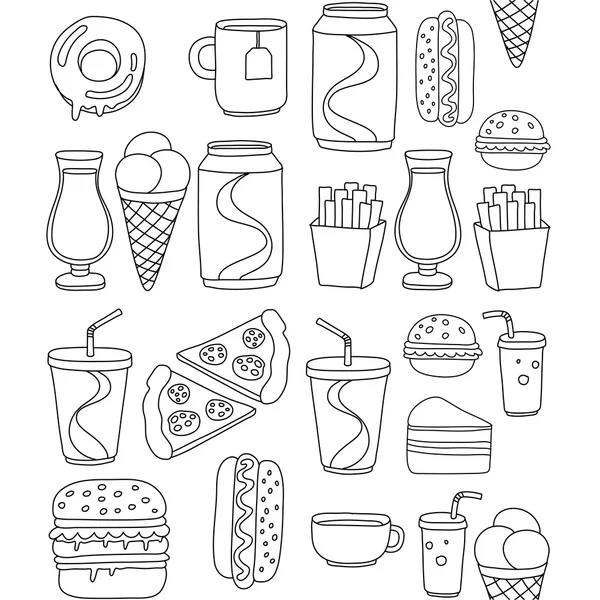 Ícones de doodle vetorial desenhado à mão para menu de fast food, restaraunt —  Vetores de Stock