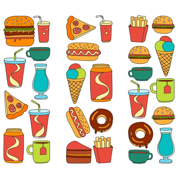 Ręcznie rysowane wektor doodle ikony menu fast food, restauracja — Wektor stockowy