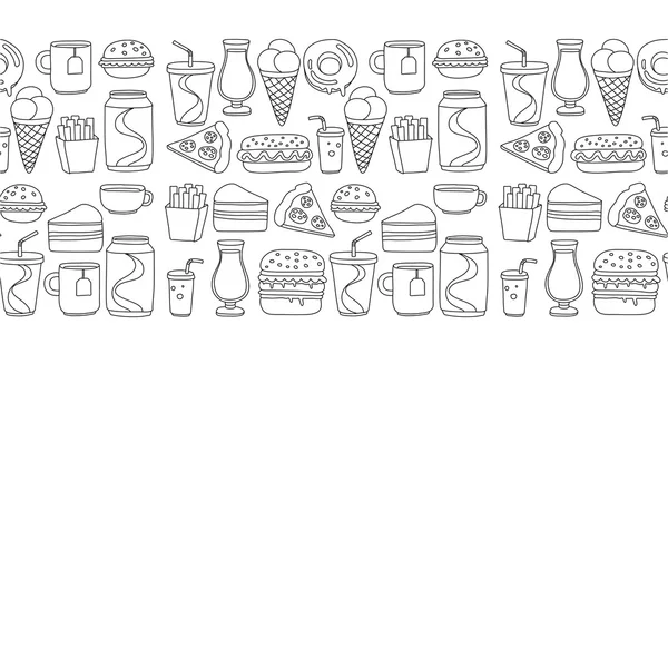Ícones de doodle vetorial desenhado à mão para menu de fast food, restaraunt —  Vetores de Stock