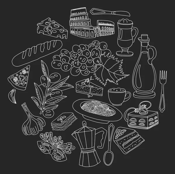 Conjunto de doodle vetorial para menu italiano. Cozinha de viagem gastronomia Restaraunt Journey —  Vetores de Stock